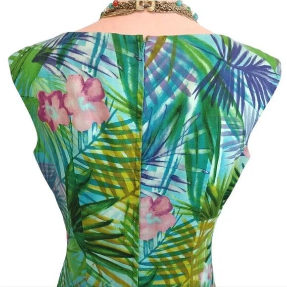 VTG 90s Maggy London Green Tropical Sleeveless Linen Blend Dress Size 8 - Picture 8 of 14